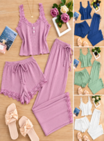 QUALITY 3PC CAMISOLE,SHORT AND TROUSER NIGHT WEAR/LOUNGE WEAR DESIGN 11(SPANDEX MATERIAL)CODE 66