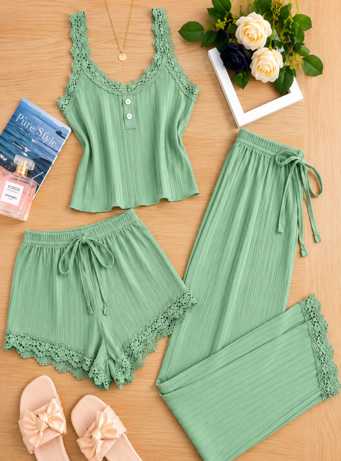 QUALITY 3PC CAMISOLE,SHORT AND TROUSER NIGHT WEAR/LOUNGE WEAR DESIGN 11(SPANDEX MATERIAL)CODE 66 - Image 3