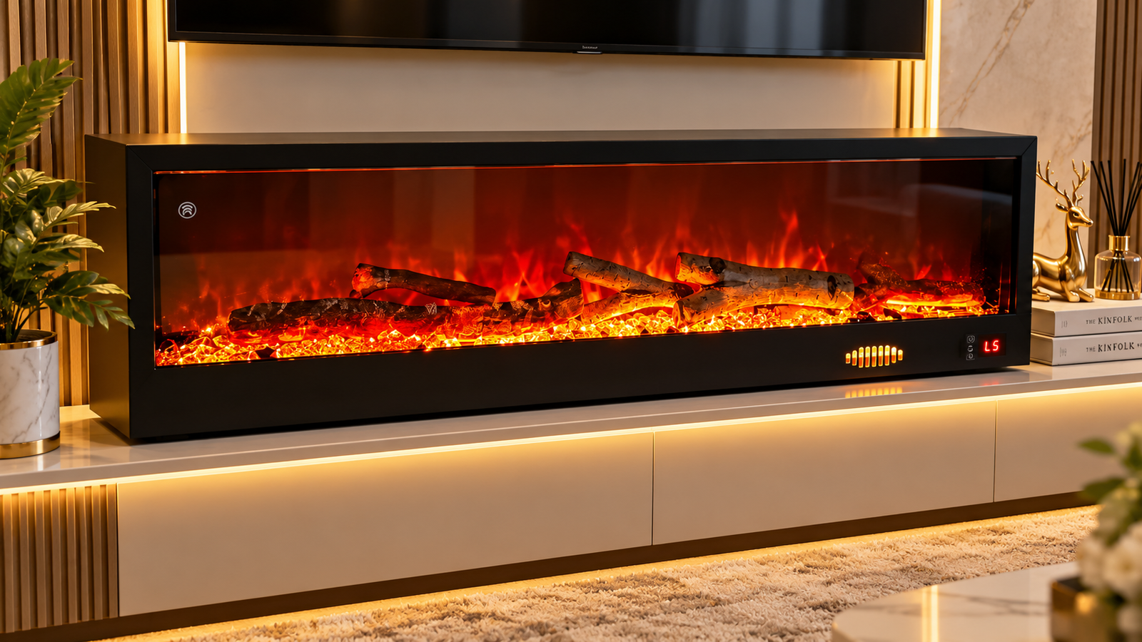 eedb28a3-b836-471a-9284-e402ac3978f1-4 100CM 3IN1 SMART PREMIUM DECORATIVE ELECTRIC FIREPLACE WITH DOUBLE BLUETOOTH SPEAKER AND LED FLAME EFFECT•••Comes with remote,Can plug to light,power bank or use battery - Image 1