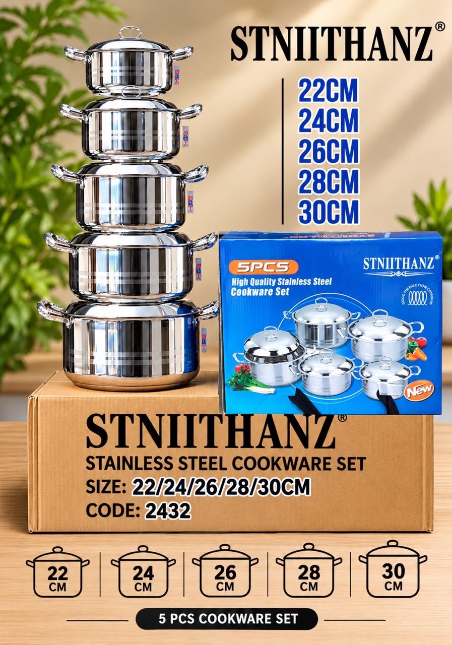 f5b0f48f-5eec-4205-83d6-915a75dfbf3e 10PC STNIITHANZ 2432 QUALITY/HEAVY STAINLESS STEEL COOKWARE SET POT SIZE 22,24,26,28,30CM(Blue carton) - Image 1