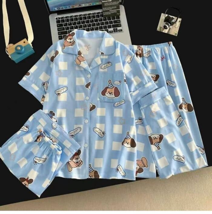 3PC KIDS QUALITY SHIRT SHORT AND TROUSER PYJAMAS SET DSG 9 - Image 2